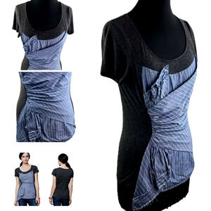 Y2k Anthropologie OS One September top S Twist tee Layer Gray Blue Stripe Pleats
